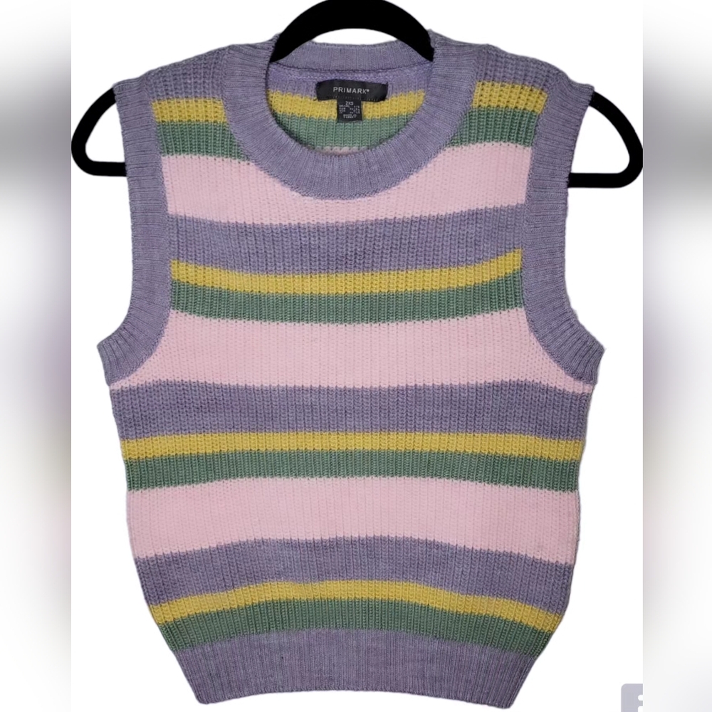 PRIMARK Sz 0/2 Multicolor Pastel Striped Retro Grunge Crewneck Knit Sweater Vest